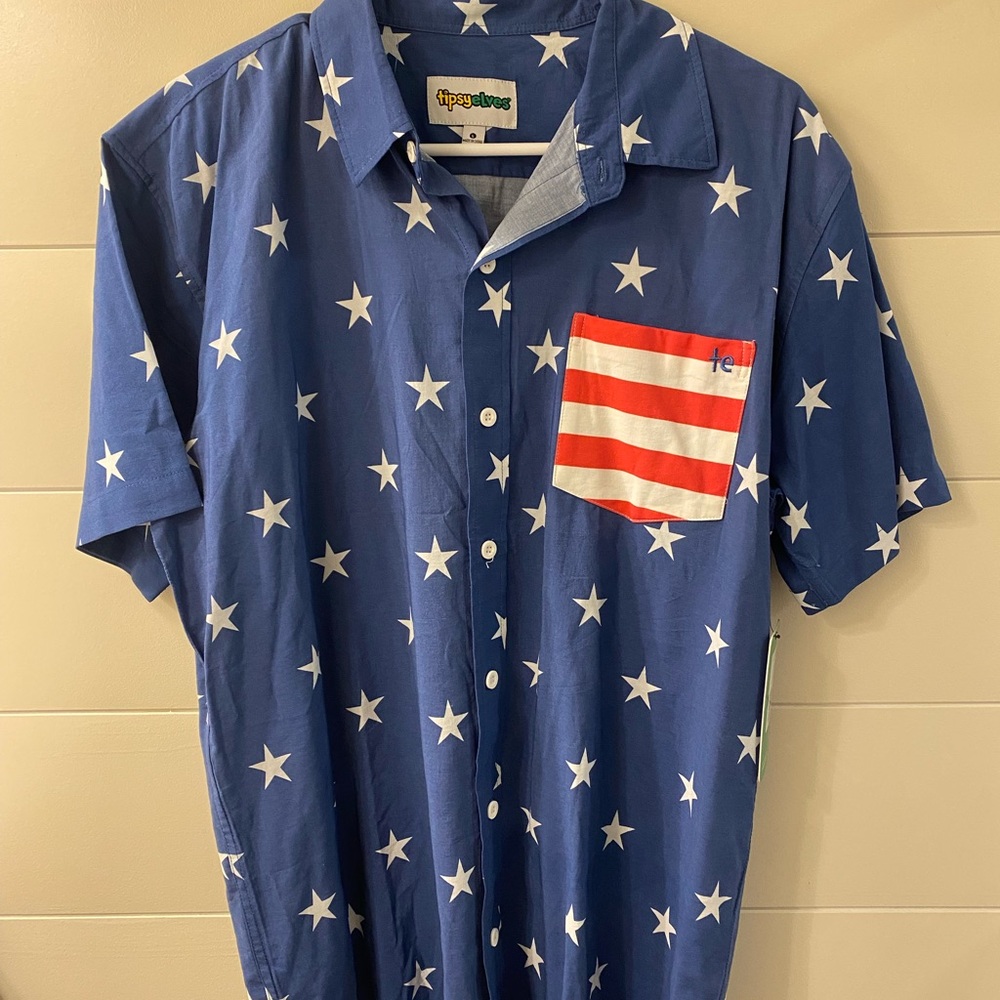 Tipsy Elves Navy Star Men's Shirt with Striped Pocket